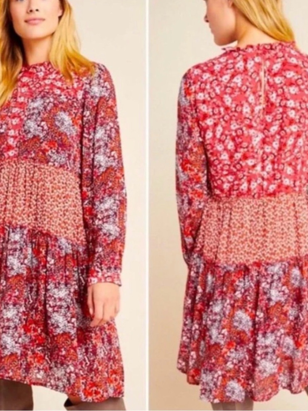 Maeve Anthropologie Esther Mixed Floral Print Tiered Tunic Shift Dress